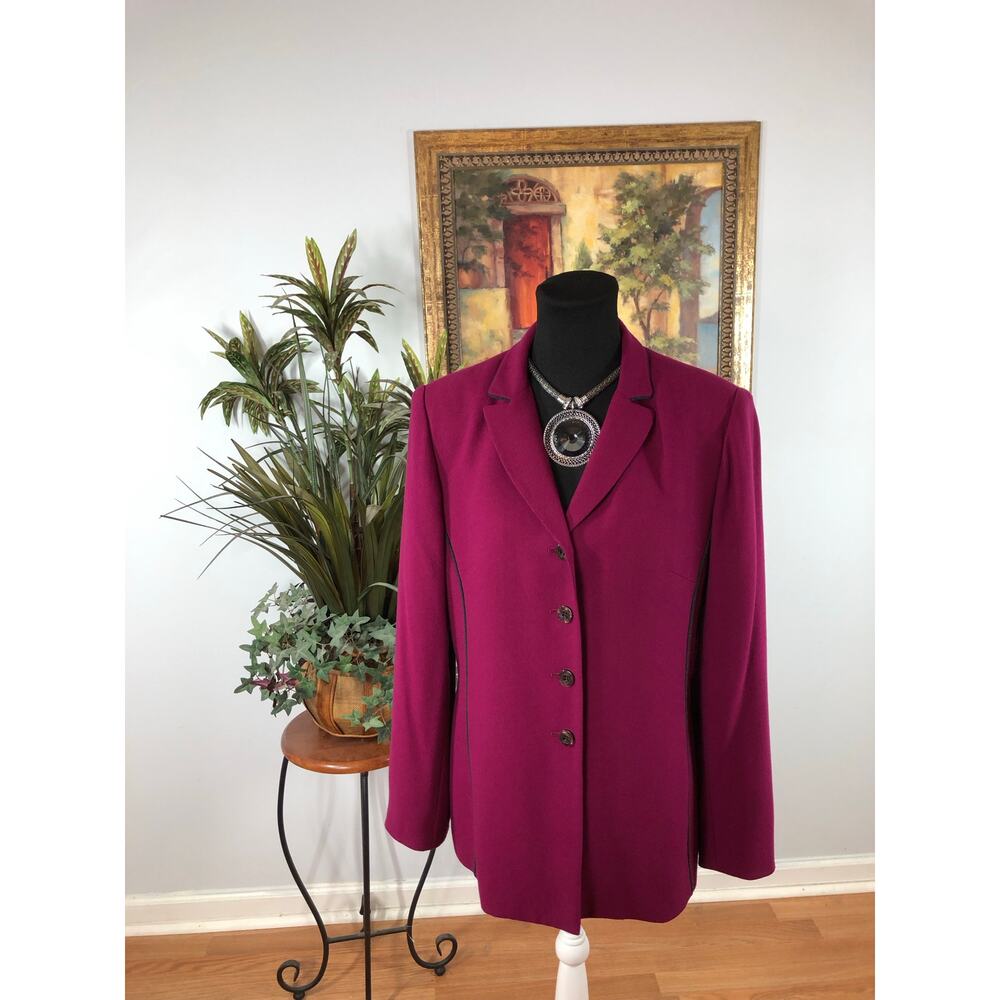 Kasper ASL Women Jacket‎ 12 Purple Contrasting Trim Lapel Notch Collar Pockets